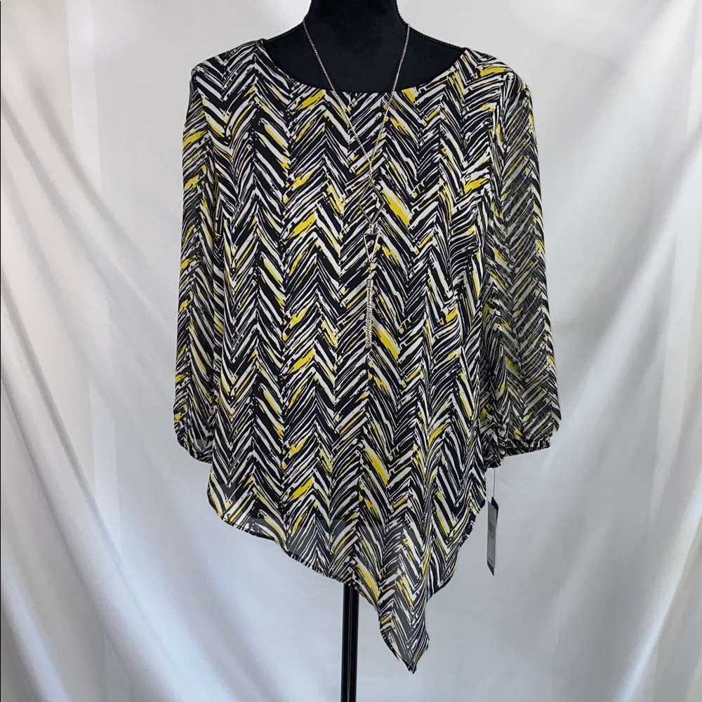 AGB Asymmetrical Blouse Layered With Attached Necklace Yellow/Black/White Large